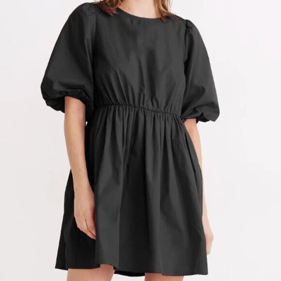 Madewell Women's Size 2 Black Poplin Crewneck Bubble-Sleeve Mini Dress NWT - Picture 1 of 7